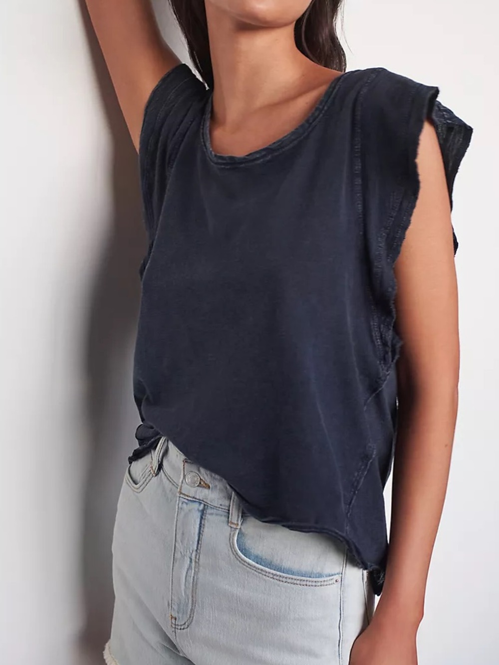 Daily Practice by Anthro Washed Navy Sleeveless ruffle sleeve Tee